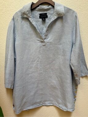 Tahari 100% Linen Side Button Tunic Top Light Blue 1X